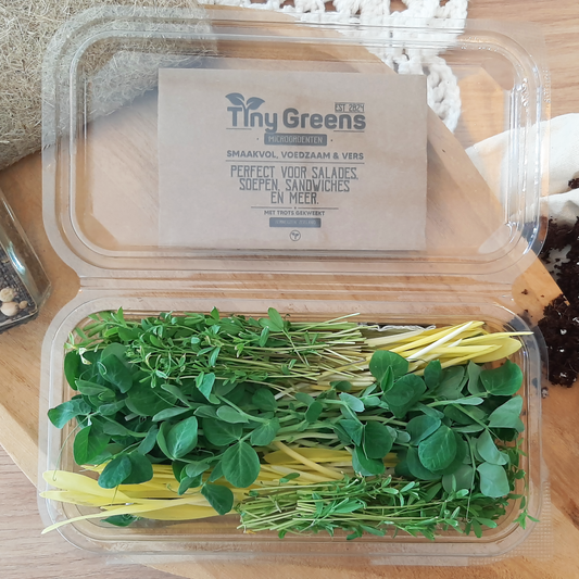 Vers geoogste microgroenten van TinyGreens, waaronder cress van doperwt, linzen en suikermais. Biologisch verantwoord geteeld en rijk aan voedingsstoffen, perfect voor salades en als garnering. Gepresenteerd als bovenaanzicht in doorzichtig plastic schaal, met het label van TinyGreens er zichtbaar achter.