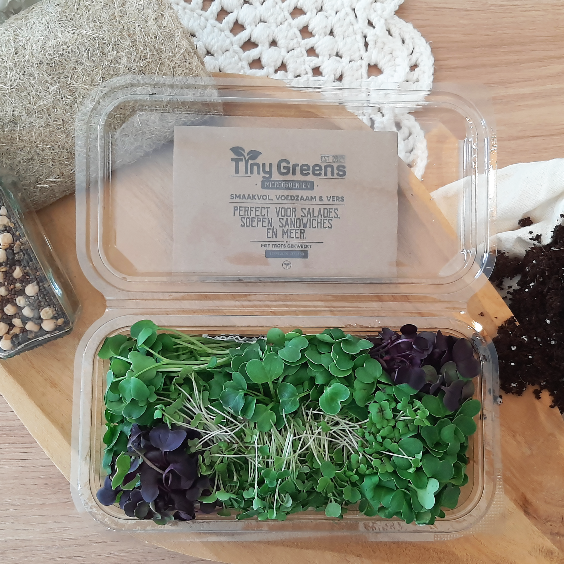 Vers geoogste microgroenten van TinyGreens, waaronder cress van rucola, daikon radijs, sango radijs en mosterd. Biologisch verantwoord geteeld en rijk aan voedingsstoffen, perfect voor salades en als garnering. Gepresenteerd als bovenaanzicht in doorzichtig plastic schaal, met het label van TinyGreens er zichtbaar achter.